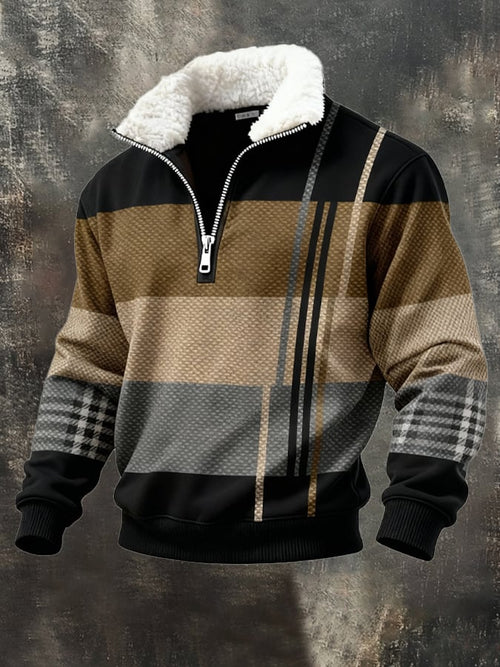 Men's Retro Color Block Print Casual Fur Collar Sweatshirt