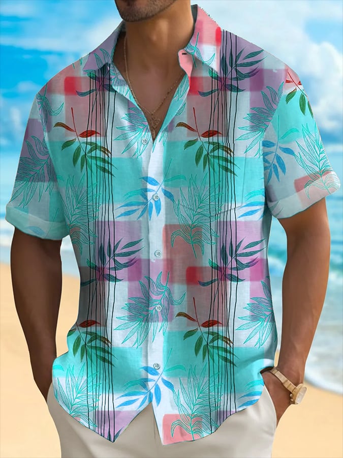 Men's Hawaiian Leaf Print Short Sleeve Pockets Shirt