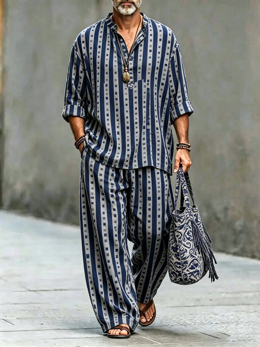 Men's Vintage Abstract Art Printed Cotton Shirt Set (Top & Pants)