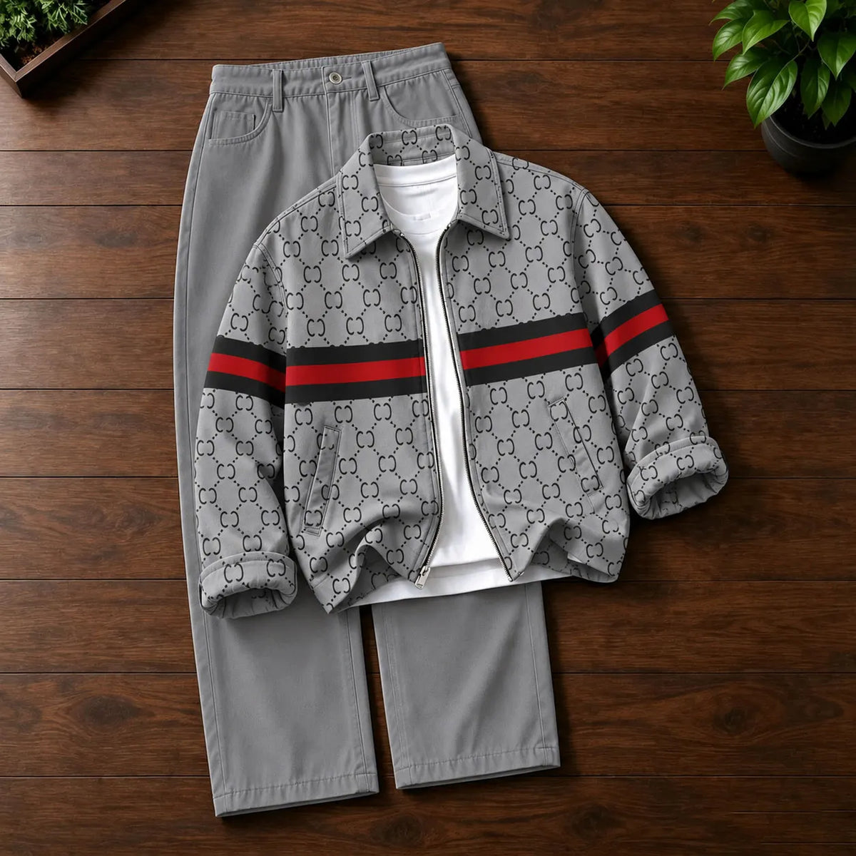 Men's Printed Lapel-Collar Zip-Up Cardigan and Pants Set