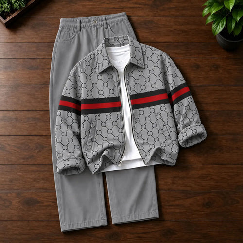 Men's Printed Lapel-Collar Zip-Up Cardigan and Pants Set