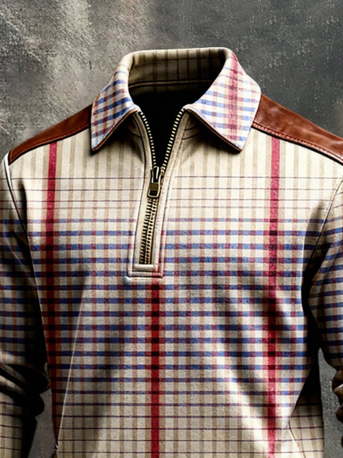 Men's Retro Color Block Print Color-Blocked Zip-Up Sweatshirt
