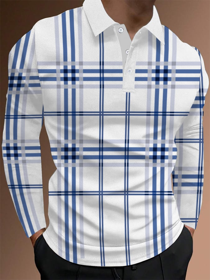 Men's Plaid Business Casual Long Sleeve Polo Shirt