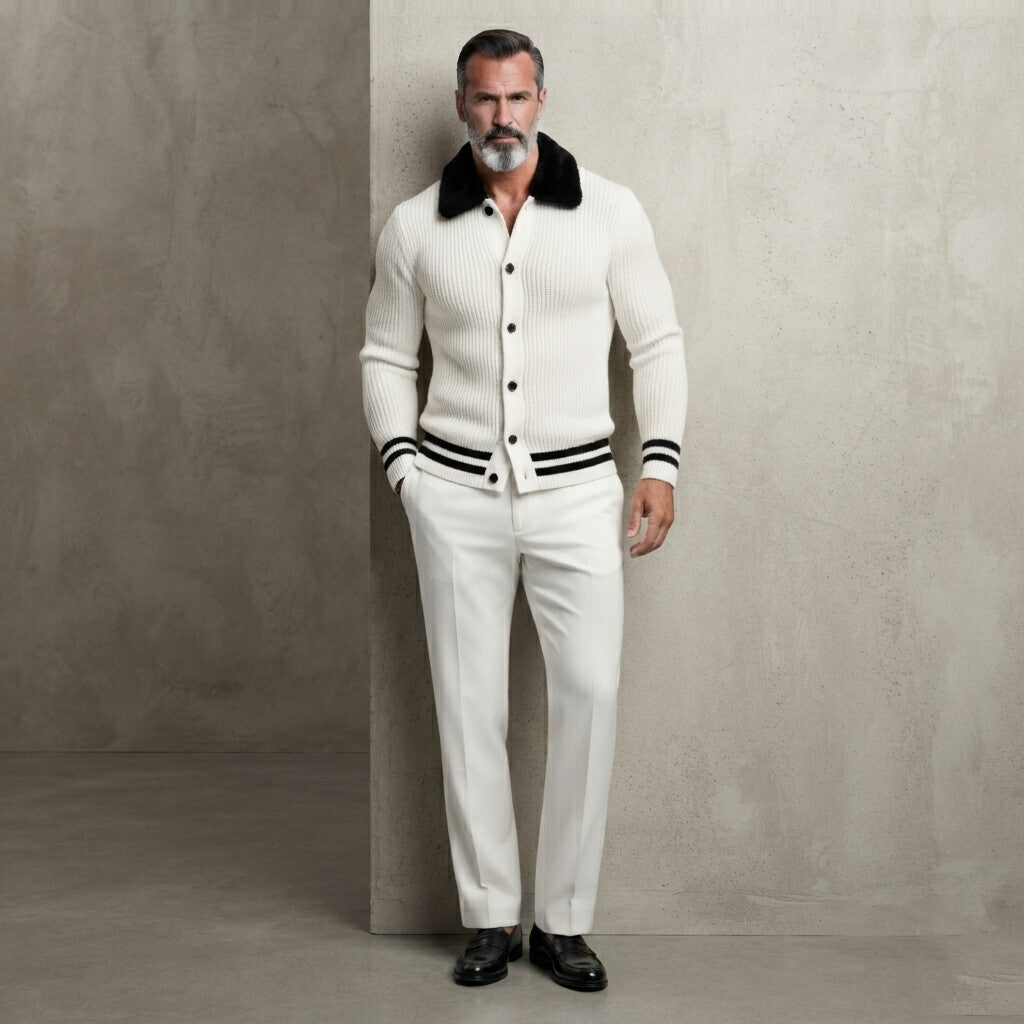 Men's White Ribbed Knit Contrast Fuzzy Collar Striped Trim Single Breasted Cardigan
