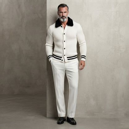 Men's White Ribbed Knit Contrast Fuzzy Collar Striped Trim Single Breasted Cardigan