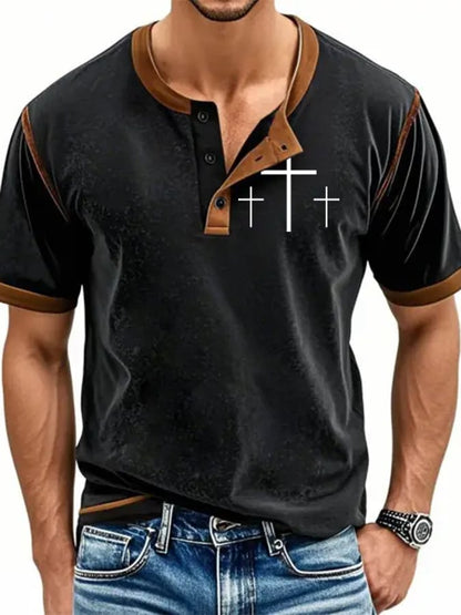 Men's Faith “Goat God Over All Things�?Print Henley Neck T-Shirt