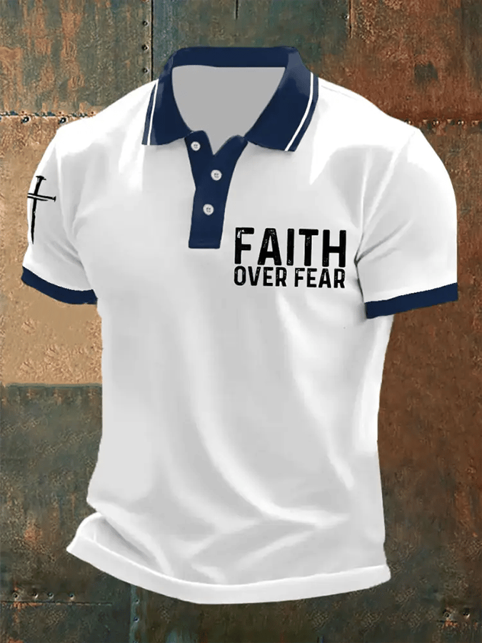 Men's Retro Faith “Faith Over Fear�? Casual Printed Polo Shirt