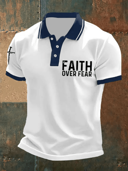 Men's Retro Faith “Faith Over Fear�? Casual Printed Polo Shirt