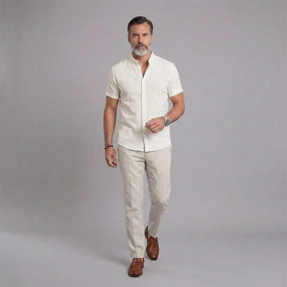 Men's Short-Sleeve Shirt with Stand-Up Collar: Lightweight, Breathable, and Textured