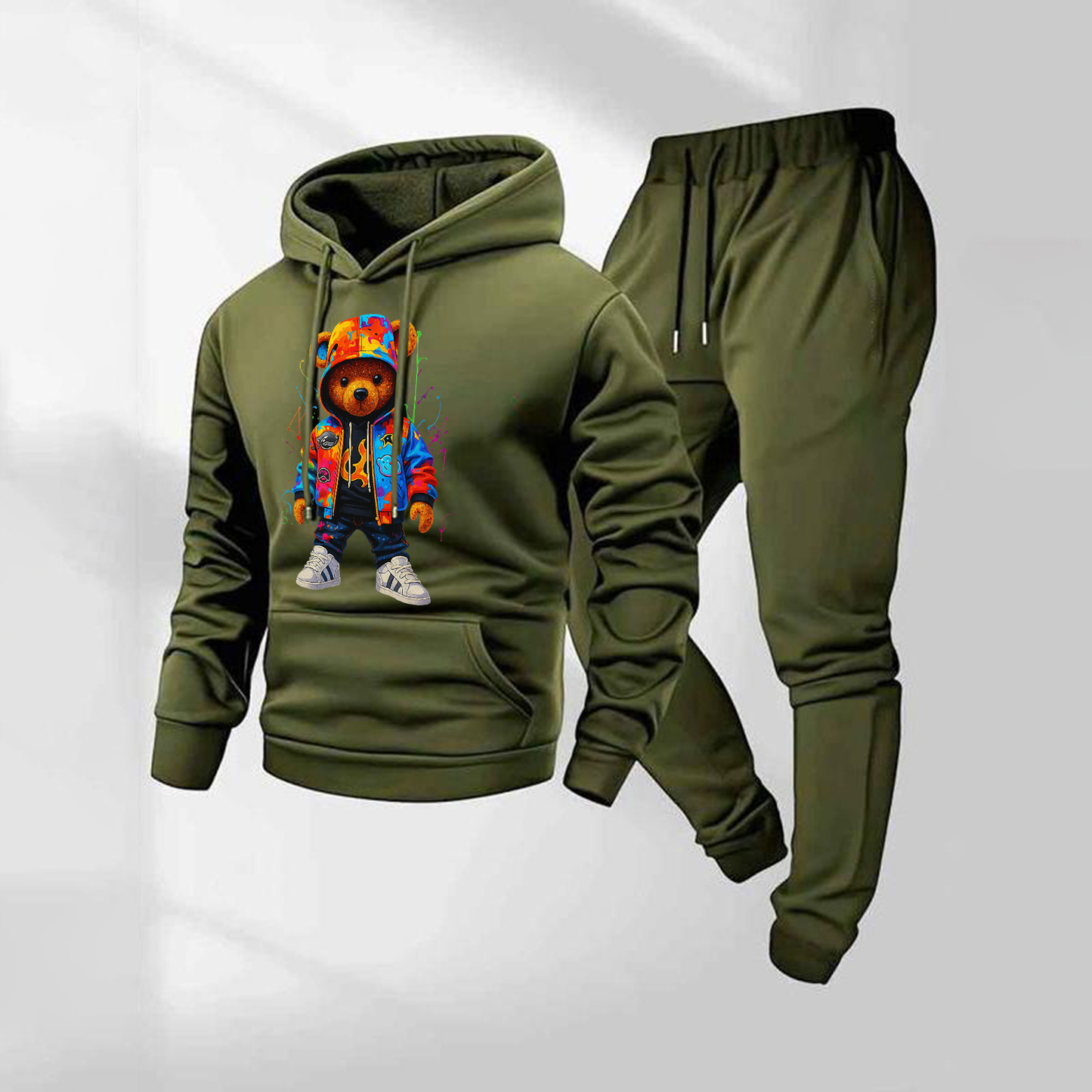 Men's Ink Splatter Cartoon Bear Patterned Hoodie And Drawstring Track Pants Set, Men's Casual Athletic Long-Sleeved Hooded Jacket And Pants, Suitable For Fall And Winter, Street Style Hoodie Set, Indoor And Outdoor Sportswear,