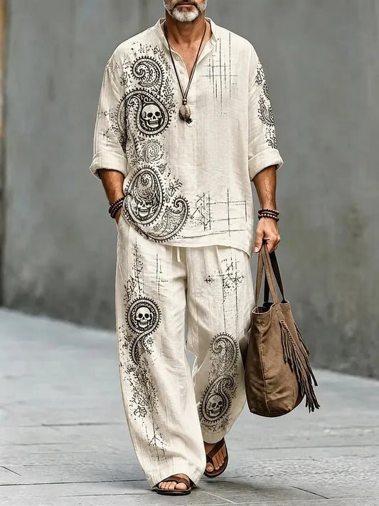 Men's Retro Paisley Skull Pattern Half Button Long Sleeve Shirt Pants 2pcs Set