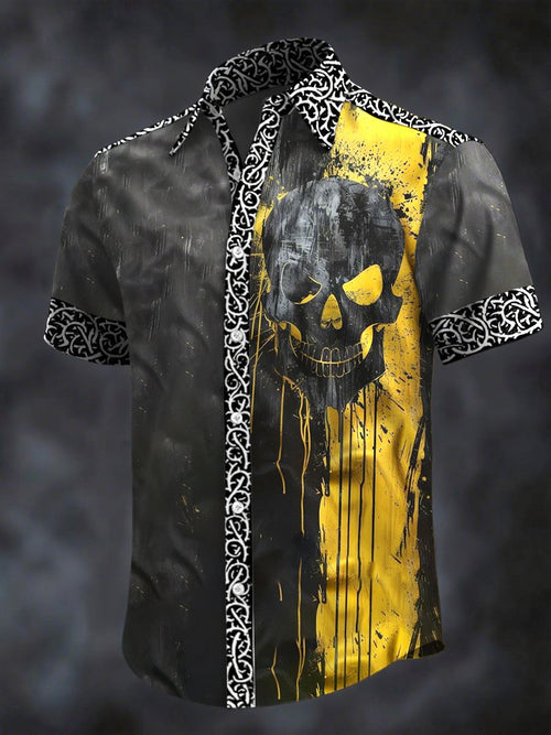 Men's Retro Horror Skull Print Lapel Short Sleeve Shirt