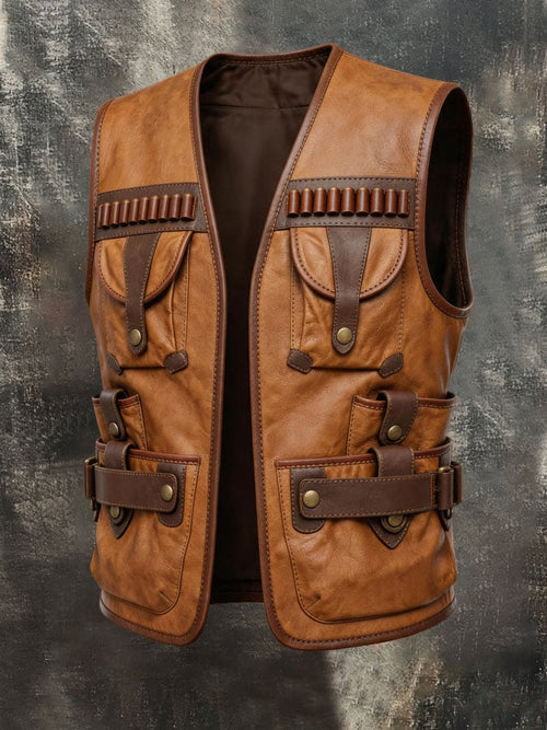 Men'S Retro Outdoor Color-Block Vest Jacket With Multi-Pockets And Soft Leather Paneling