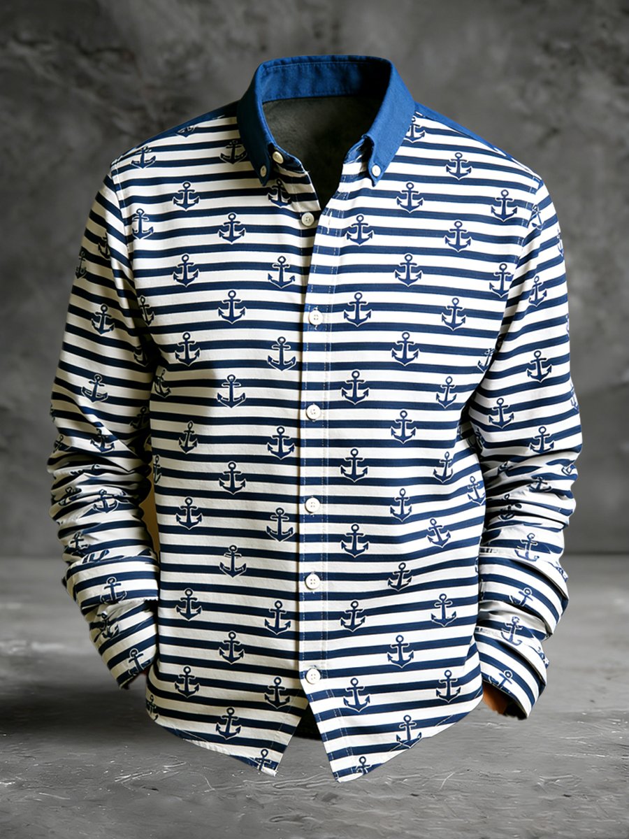 Men's vintage commemorative navy print long-sleeved shirt