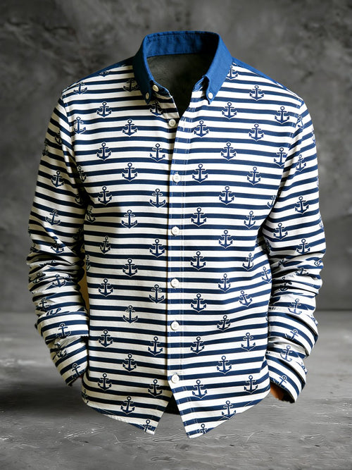 Men's vintage commemorative navy print long-sleeved shirt