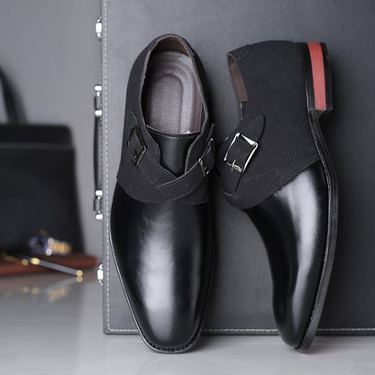 Trendy Color Matching Double Buckle Slip-On British Style Men'S Shoes