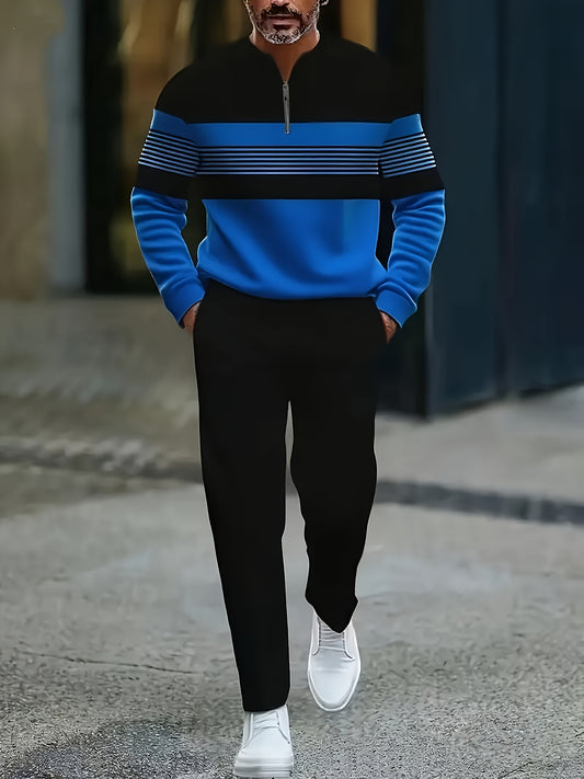 Men's Casual Color Matching Printed Round-Neck Zipper Long Sleeved Trousers Two-Piece Set 1103