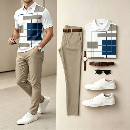 Men's Casual Navy Blue Geometric Printed Polo Shirt And Pants Two-Piece Set