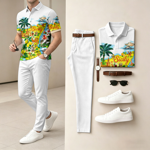 Men's Casual Island-Print Short-Sleeve Polo Shirt And Trousers Set (Excludes Accessories Such As Watches And Belts)