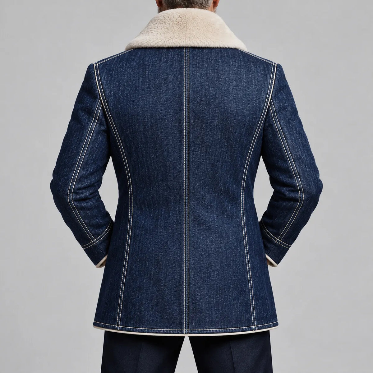 Men's Navy Blue Contrast Fuzzy Collar Topstitching Double-Breasted Denim Blazer