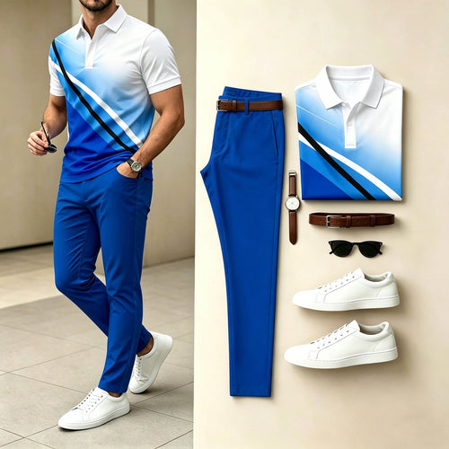 Men's Casual Blue White Diagonal Gradient Printed Polo Shirt & Bright Blue Pants Two-Piece Set