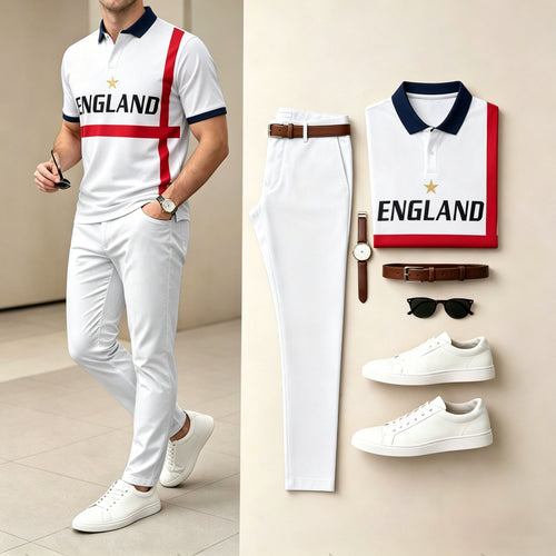 Men's Casual White Letters Sporty Printed Polo Shirt And Pants Two-Piece Set