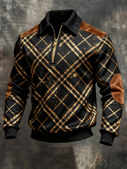 Men's Retro Color Block Print Color-Blocked Zip-Up Sweatshirt