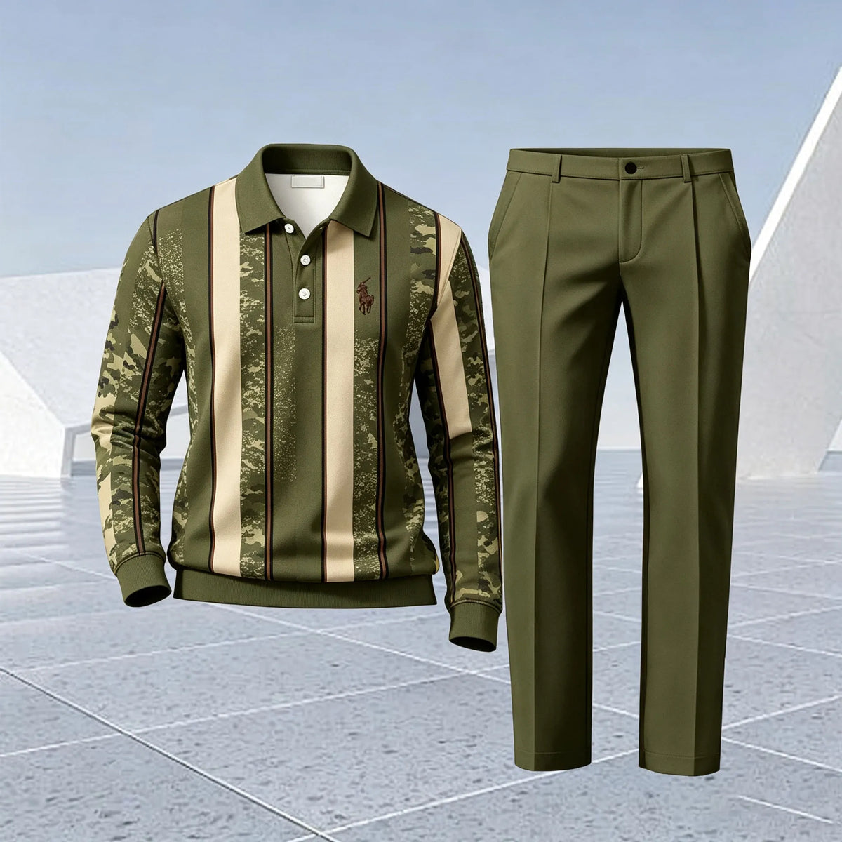 Men's Printed Polo Shirt and Pants Set