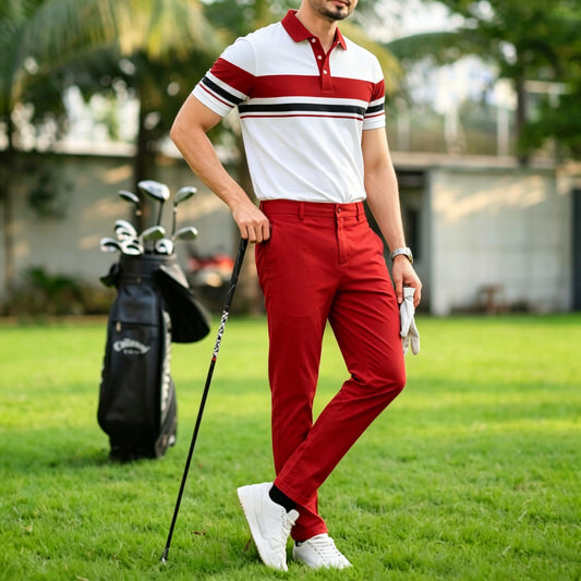Men's Casual Red Geometry Printed Polo Shirt And Pants Two-Piece Set