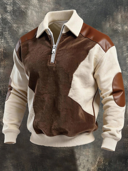 Men's Vintage Color-Block Printed Zip-Up Hoodie