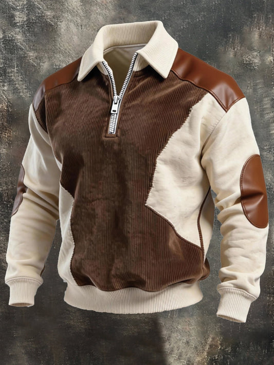 Men's Vintage Color-Block Printed Zip-Up Hoodie