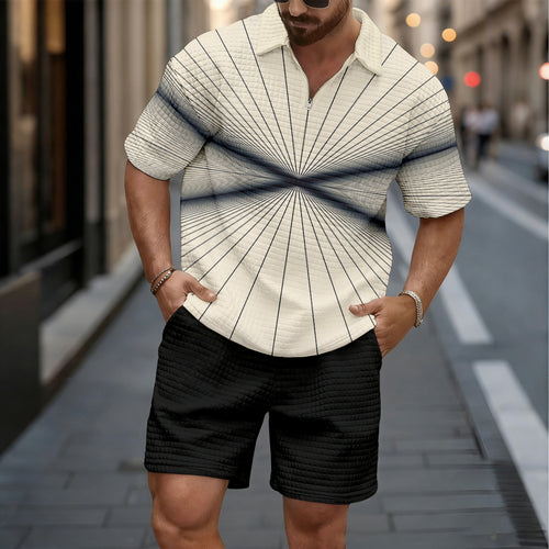 Men's Casual Black & Apricot Color Matching Striped Printed Short-Sleeved Shirt And Shorts Two-Piece Set