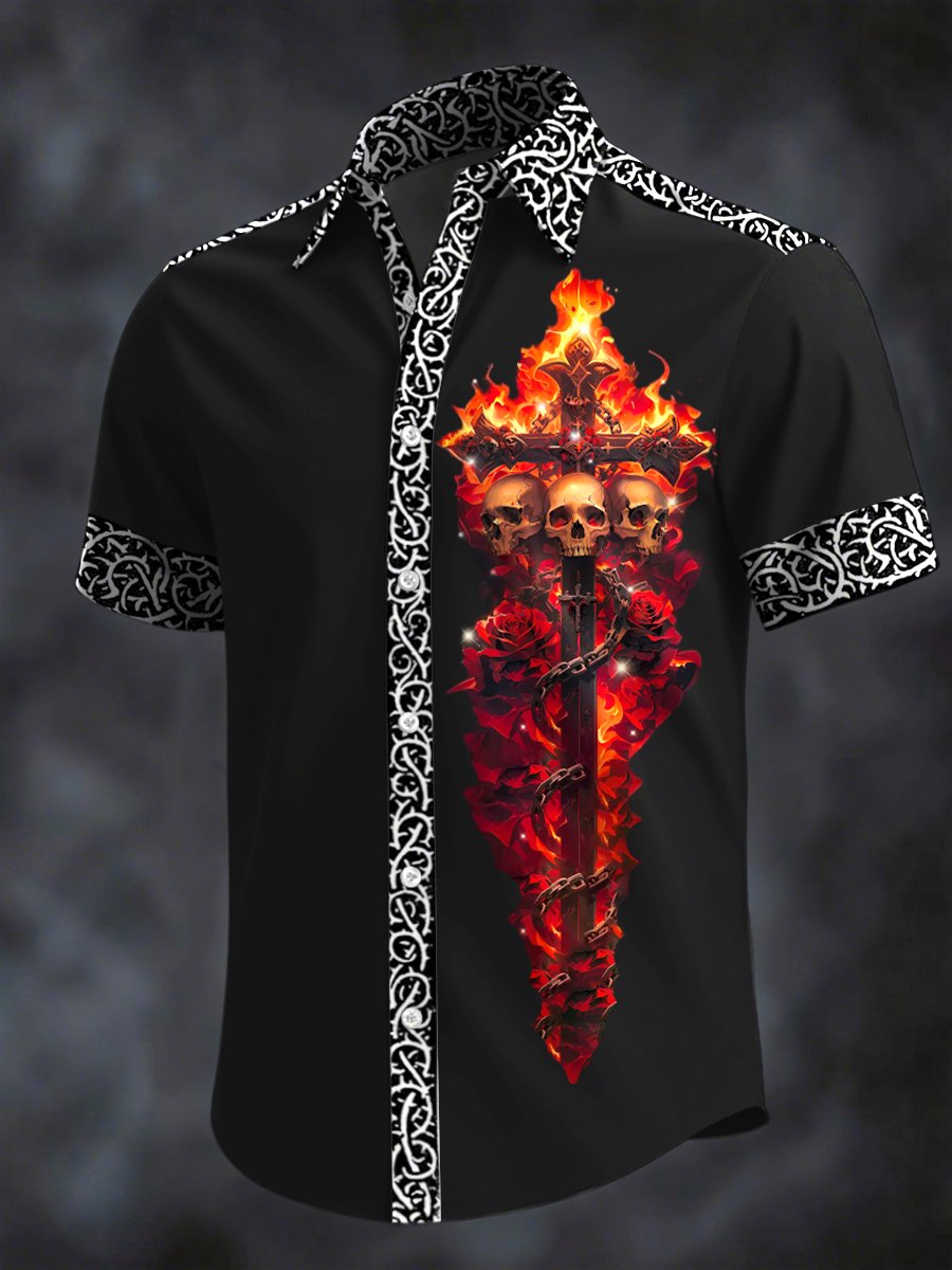 Men's Retro Horror Skull Print Lapel Short Sleeve Shirt