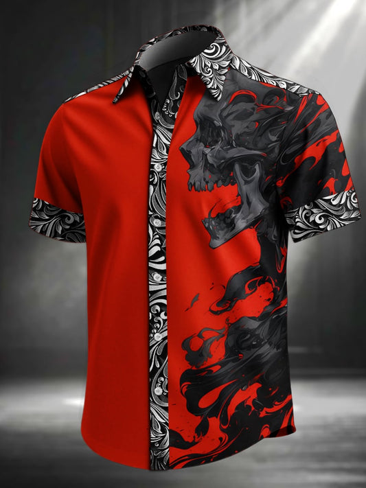 Men's Vintage Skull Floral Print Lapel Short Sleeve Shirt