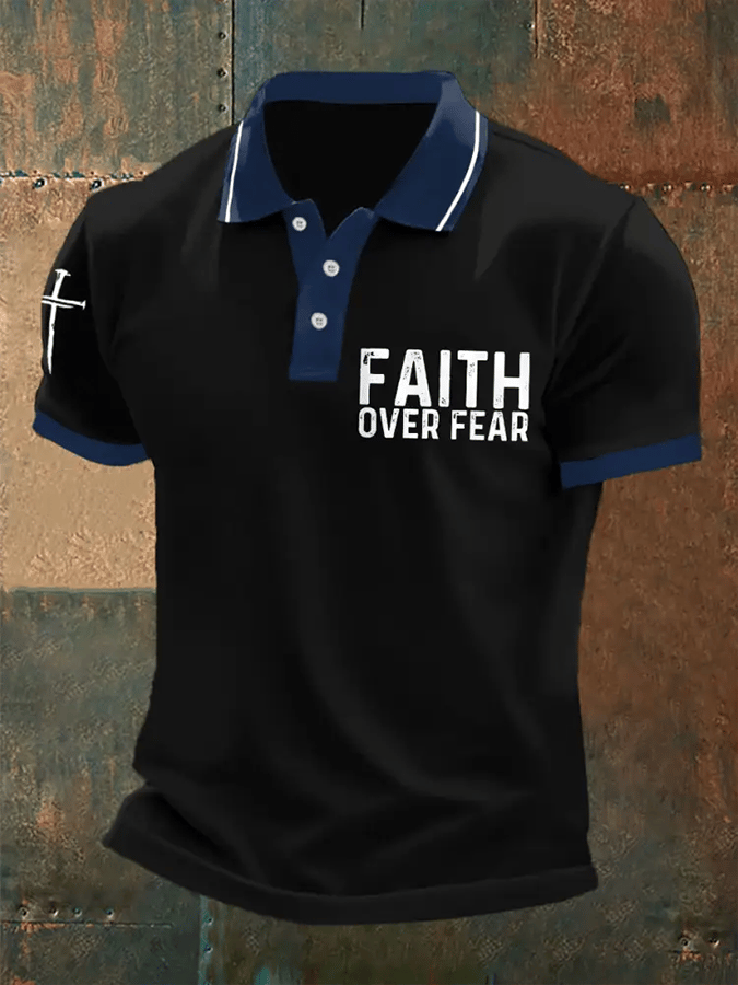 Men's Retro Faith “Faith Over Fear�? Casual Printed Polo Shirt