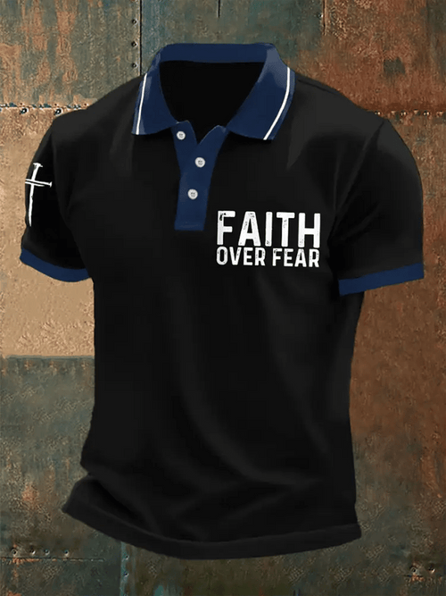 Men's Retro Faith “Faith Over Fear�? Casual Printed Polo Shirt