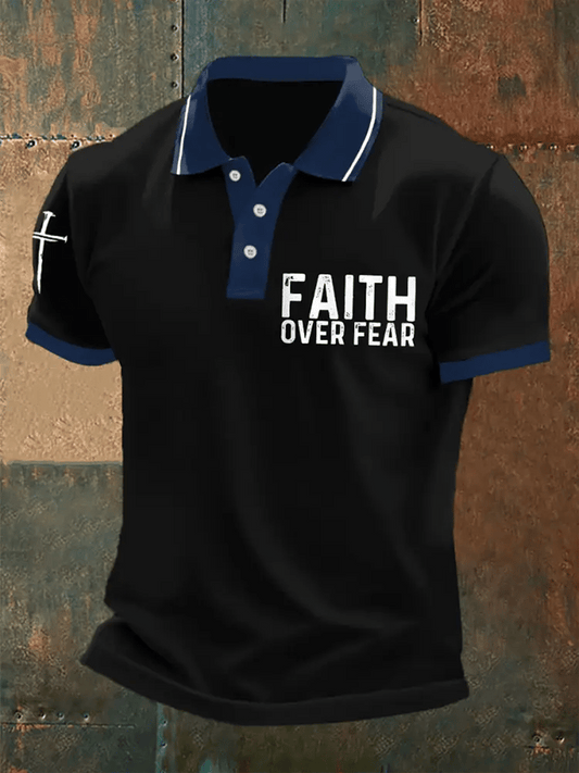 Men's Retro Faith “Faith Over Fear�? Casual Printed Polo Shirt