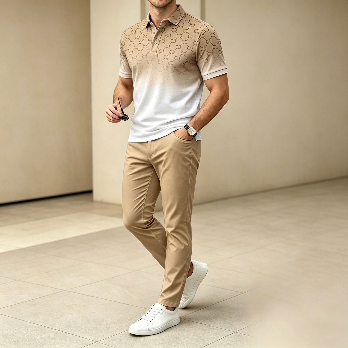 Men's Casual Khaki Gradient Printed Polo Shirt And Pants Two-Piece Set