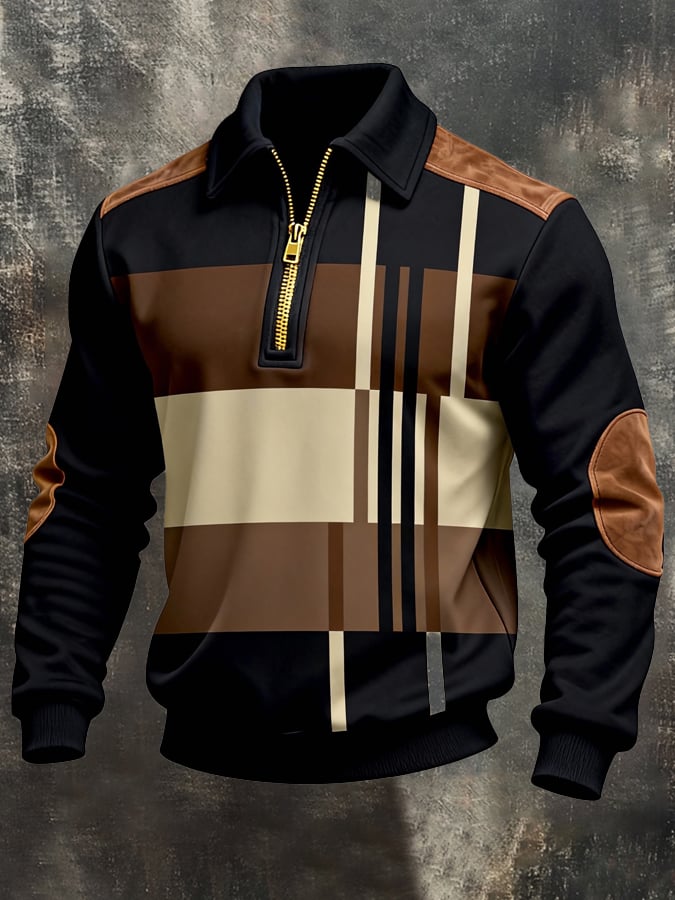 Men's Retro Color Block Print Zipper Sweatshirt
