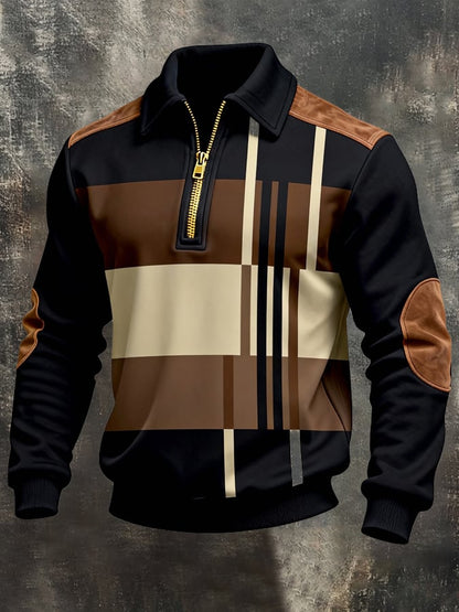 Men's Retro Color Block Print Zipper Sweatshirt