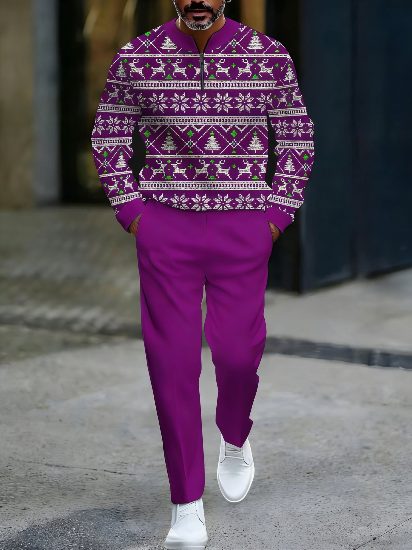 Men's Casual Purple & White Color Matching Christmas Printed Round-Neck Zipper Long Sleeved Sweatshirt & Trousers Two-Piece Set