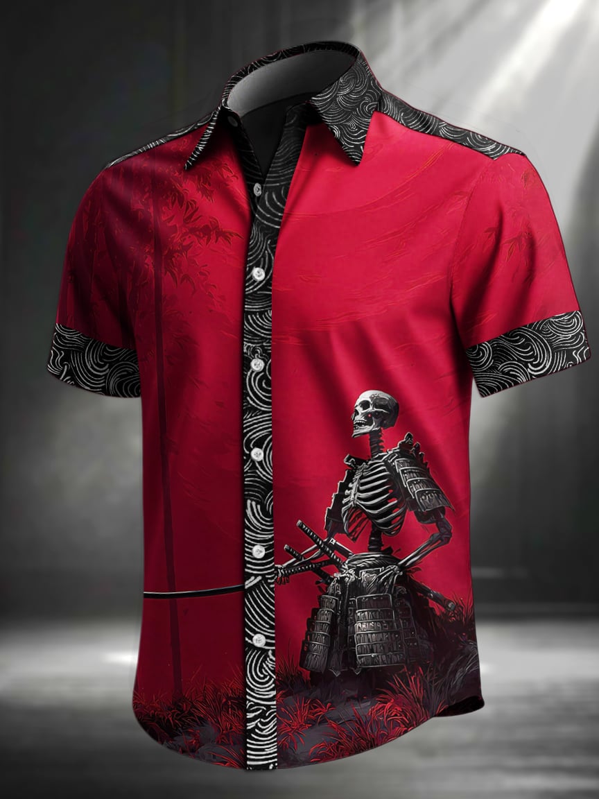 Men's Vintage Skull Floral Print Lapel Short Sleeve Shirt
