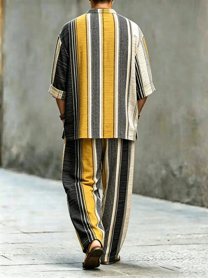 Men's Vintage Abstract Art Printed Cotton Shirt Set (Top & Pants)