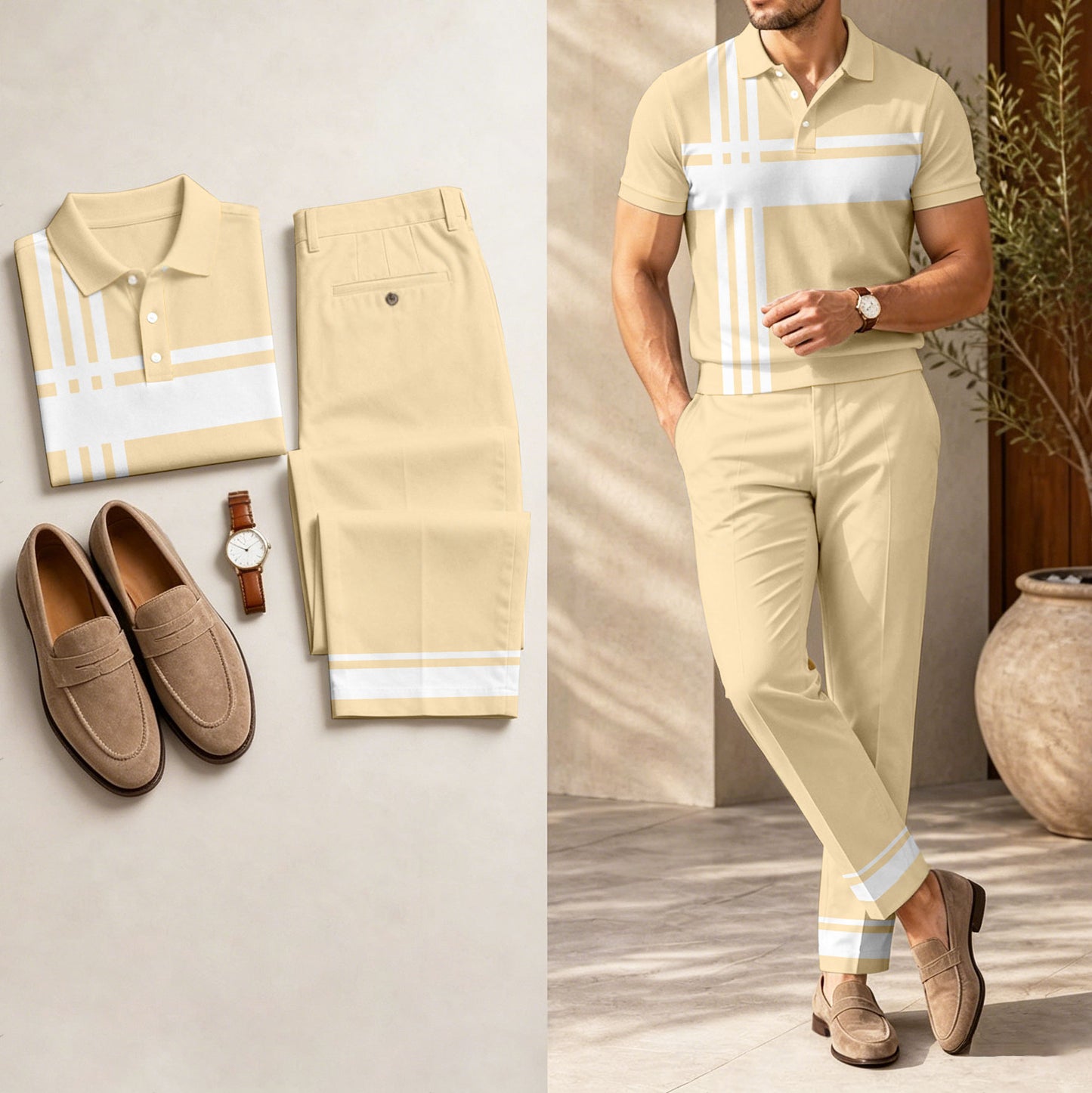Men's Casual Beige Printed Polo Shirt And Pants Two-Piece Set