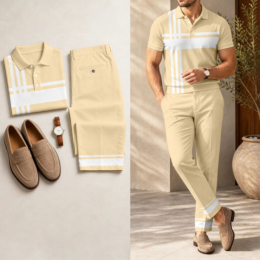 Men's Casual Beige Printed Polo Shirt And Pants Two-Piece Set