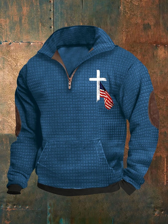 Men's Casual Zip Neck Waffle Faith Print Sweatshirt