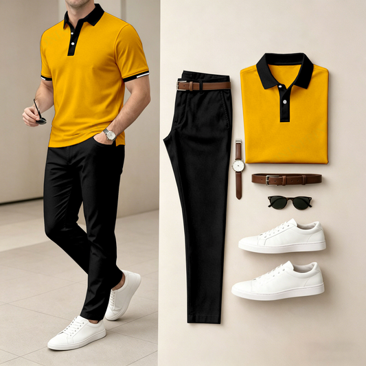 Men's Casual Color-Blocked Printed Short-Sleeve Polo Shirt And Pants Set (Excludes Accessories Such As Watches And Belts)