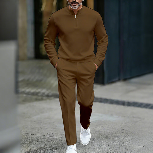 Men's Casual Solid Color Round-Neck Zipper Long Sleeved Trousers Two-Piece Set