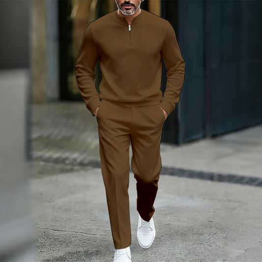 Men's Casual Solid Color Round-Neck Zipper Long Sleeved Trousers Two-Piece Set