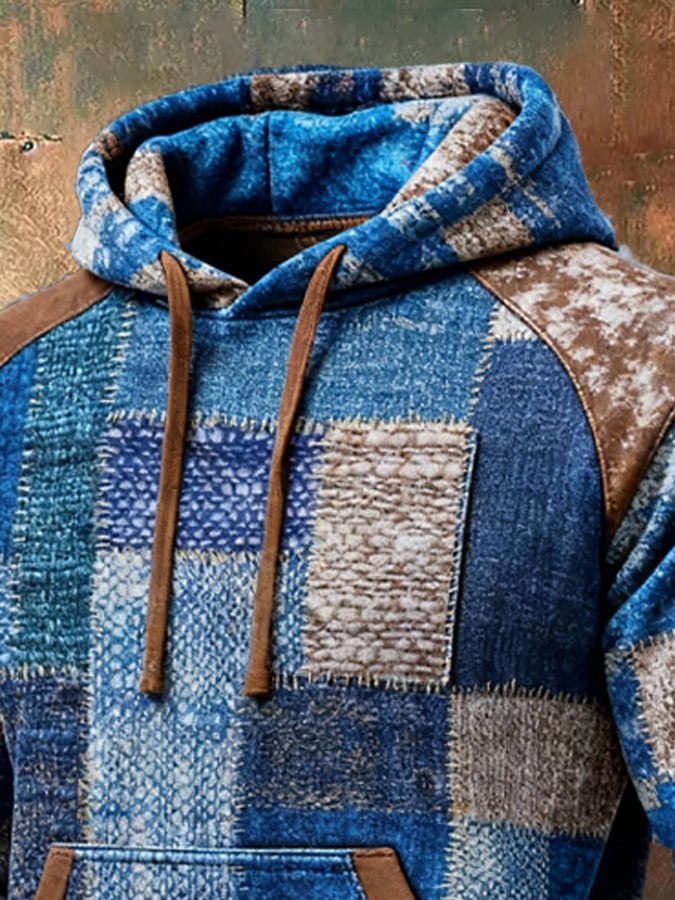 Men's Retro Distressed Color Block Print Casual Long Sleeve Sweatshirt